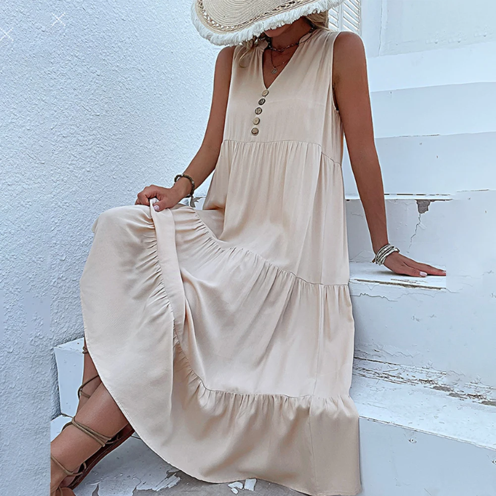 Bohemian Style Women's Sleeveless Dress in Solid Colors Loose Fitting and A Line Cut for Beach and Casual Wear
Bohemian Style Women's Sleeveless Dress in Solid Colors Loose Fitting and A Line Cut for Beach and Casual Wear