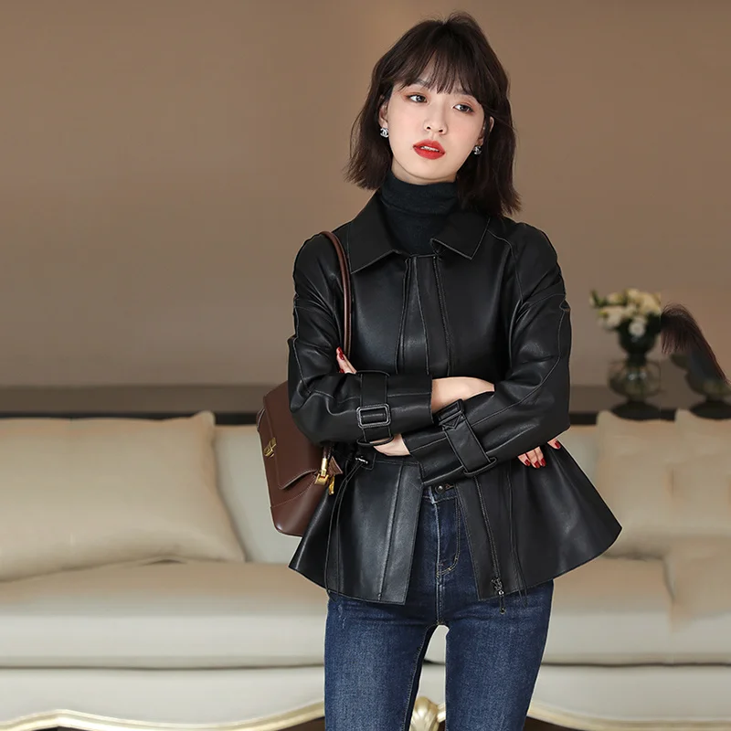 Женская куртка из овечьей кожи, простая Весенняя короткая куртка из натуральной кожи с завязкой на талии и спущенными плечами, 2023 
Женская куртка из овечьей кожи, простая Весенняя короткая куртка из натуральной кожи с завязкой на талии и спущенными плечами, 2023