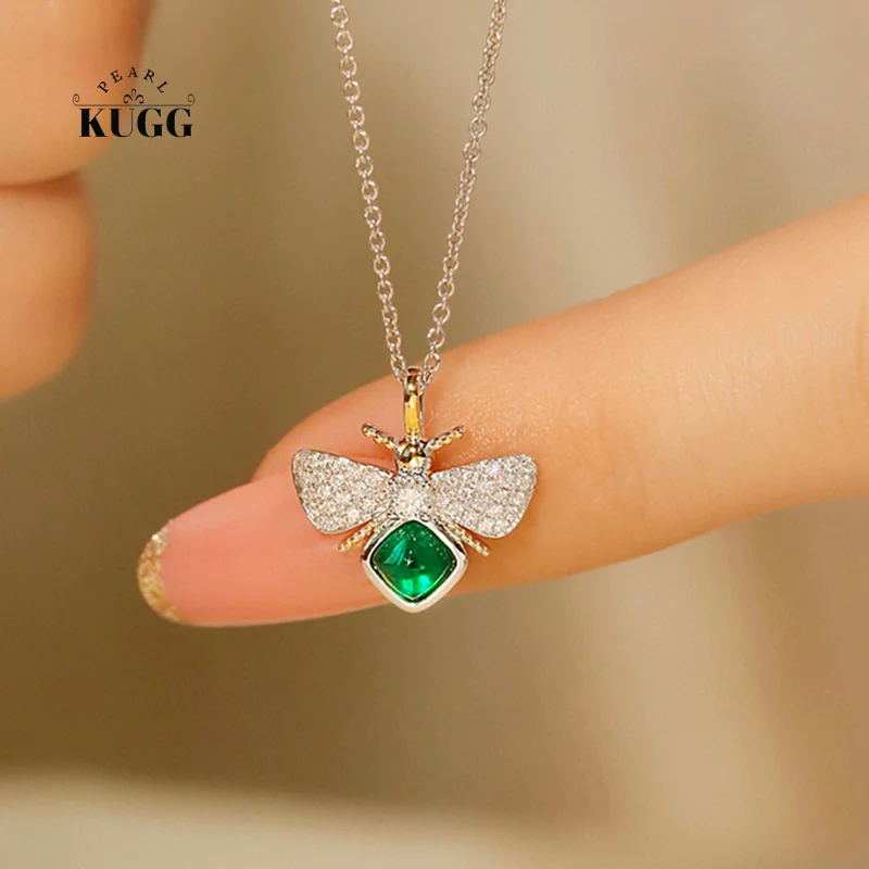 

KUGG 18K White and Yellow Gold Necklace Elegant Bee Design Luxury Diamond Real Natural Emerald Necklace for Women Party Jewelry