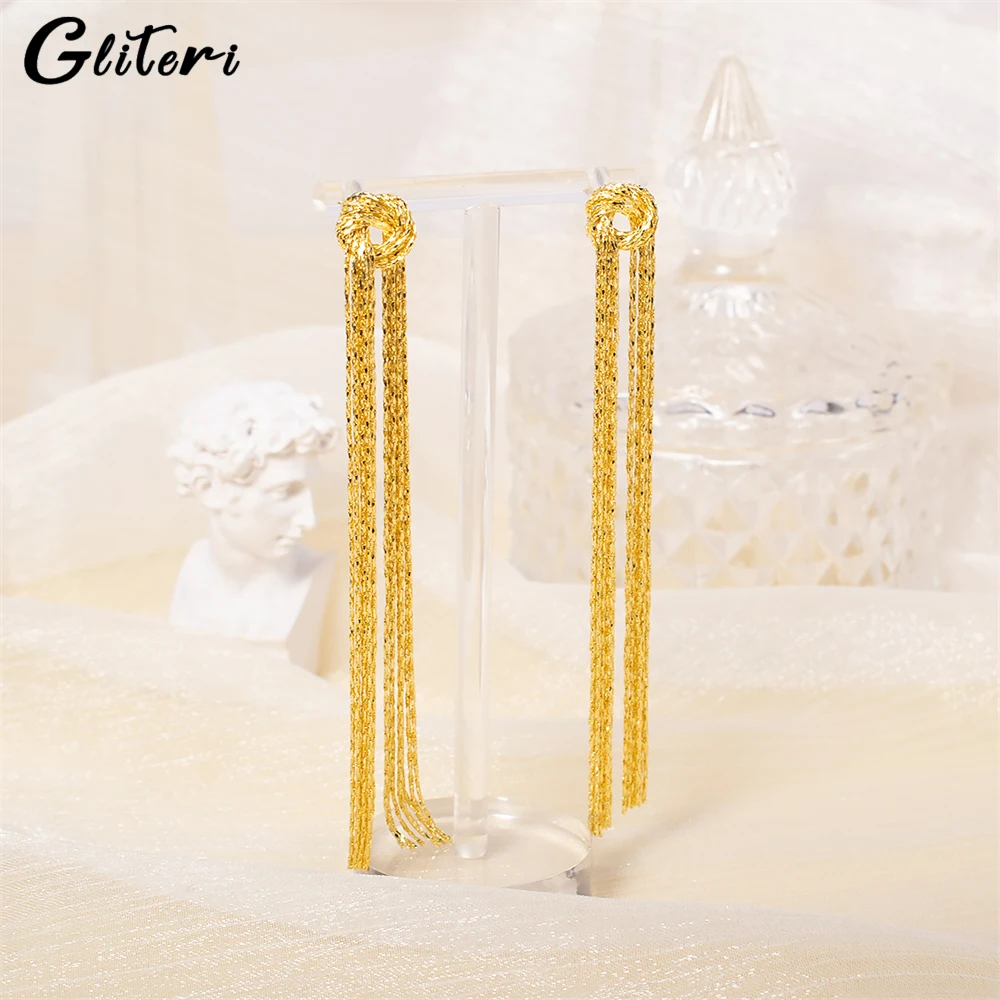 

GEITERI 1Pair Shiny Tassel Knotted Earrings For Women Girls Gold Color Silver Color Round Long Chain Stud Earring Trendy Jewelry