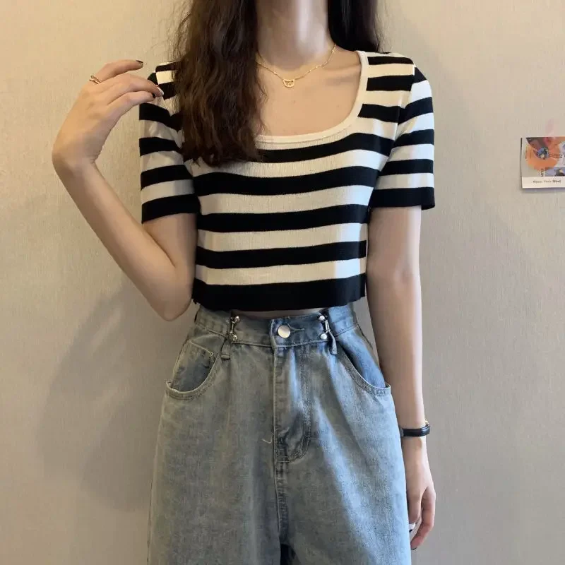 Woman TShirts Women's Square Collar Striped Knitted Short Top Summer Crop Top Mujer Camisetas
Woman TShirts Women's Square Collar Striped Knitted Short Top Summer Crop Top Mujer Camisetas
