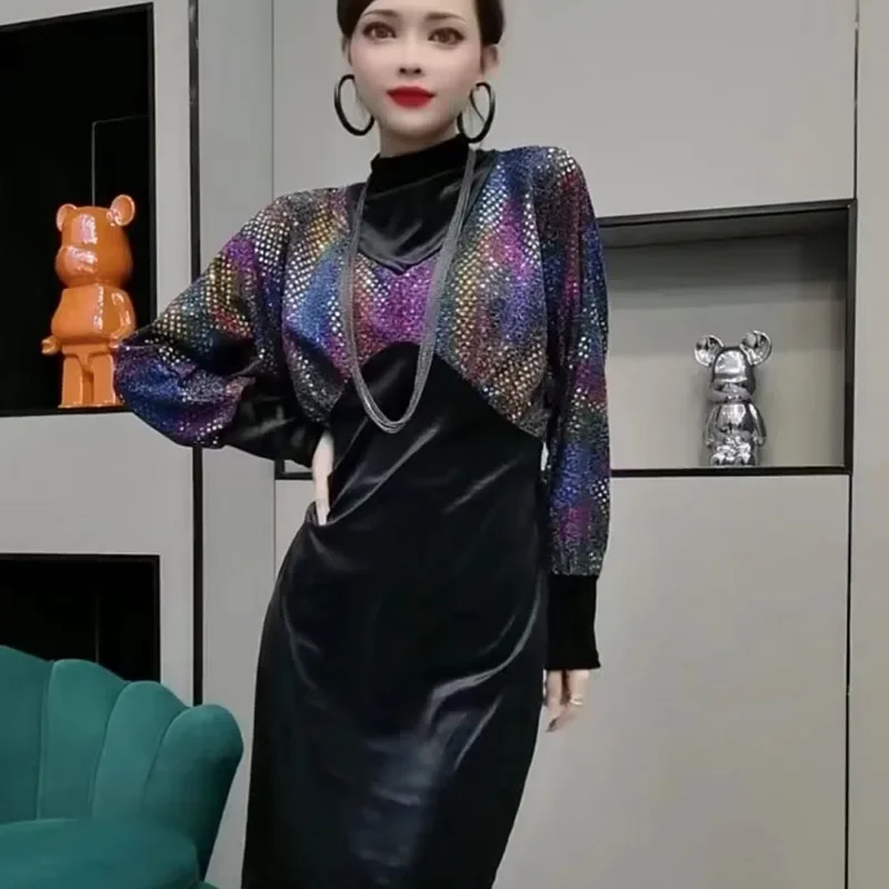 

Elegant Stand Collar Spliced Sequined Mini Dress Women's Clothing Autumn Winter Loose Korean Batwing Sleeve Ladies Dresses ZL266