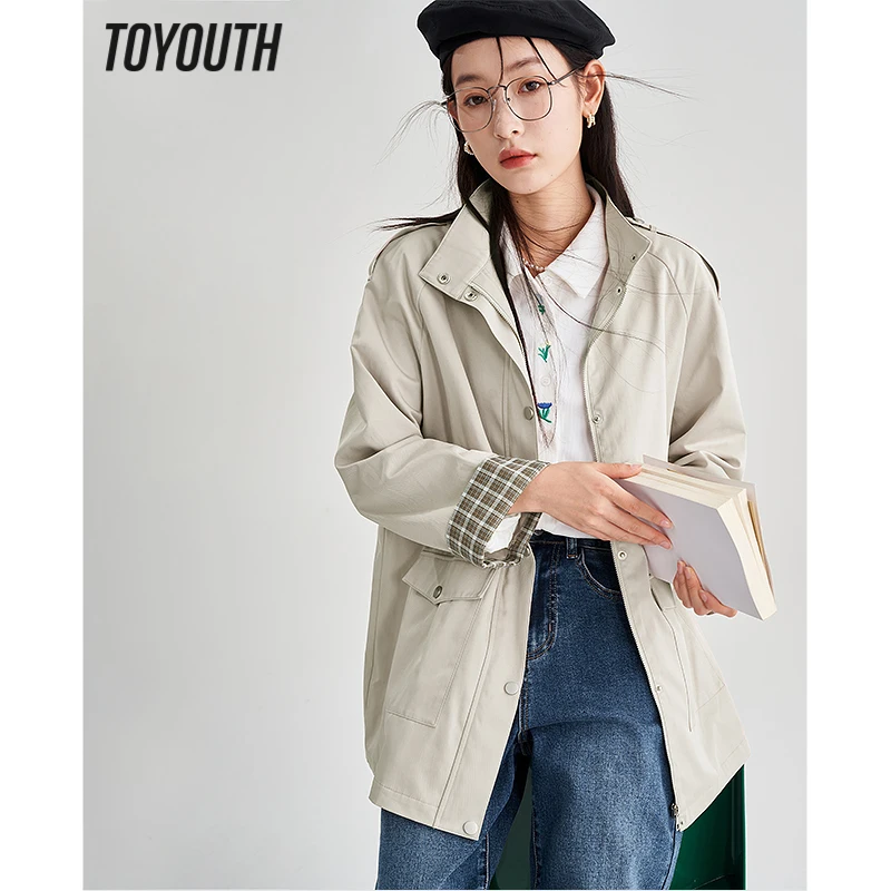 

Toyouth Women Trench Coat 2023 Spring Long Sleeve Stand Collar Loose Windbreaker Drawstring Waist Khaki Classic Casual Outwear
