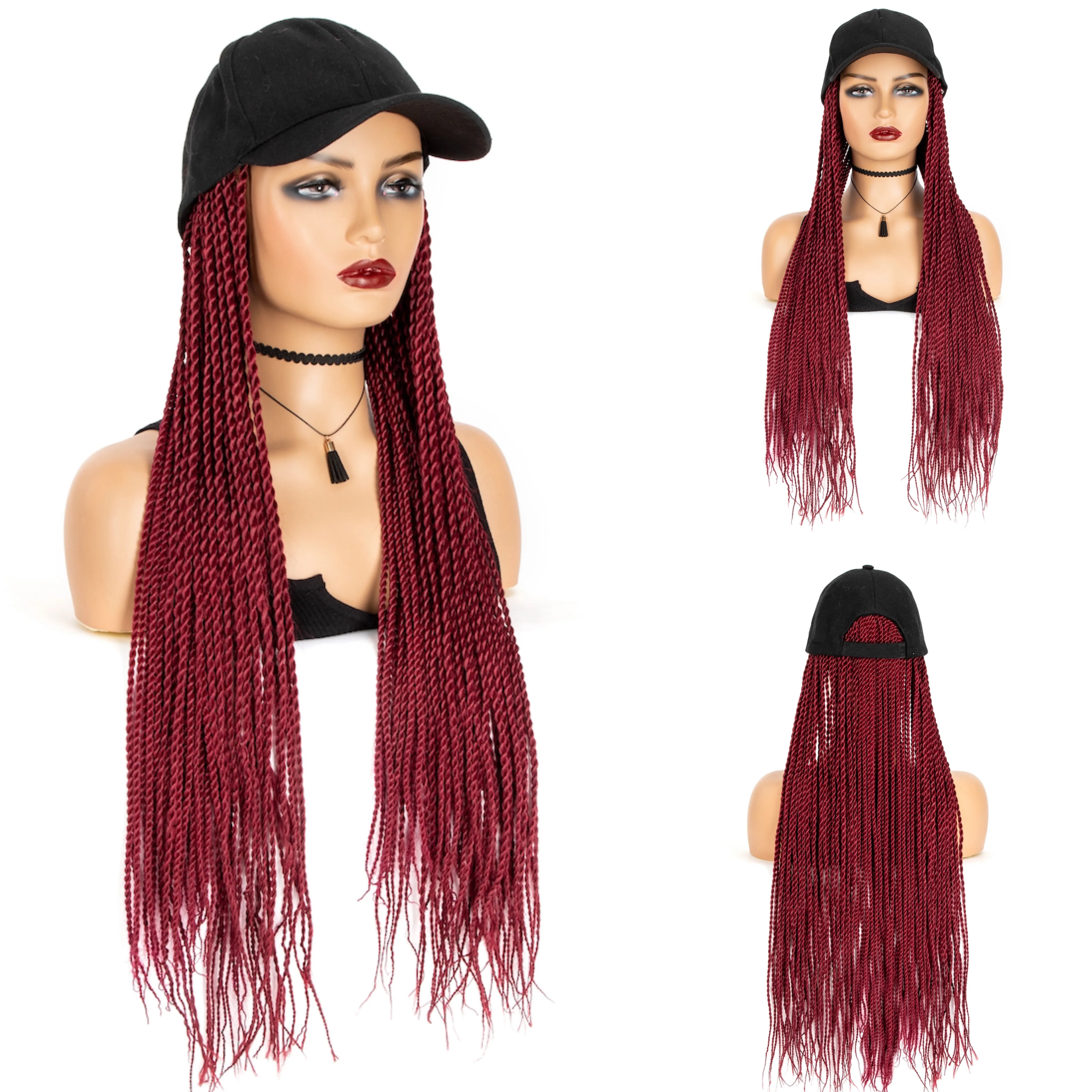 

WIGERA Long 24inch Braided Synthetic Wig With Baseball Cap Hot Sale Two-strand Spring Braids Bug# Hair Extensions With Hat
