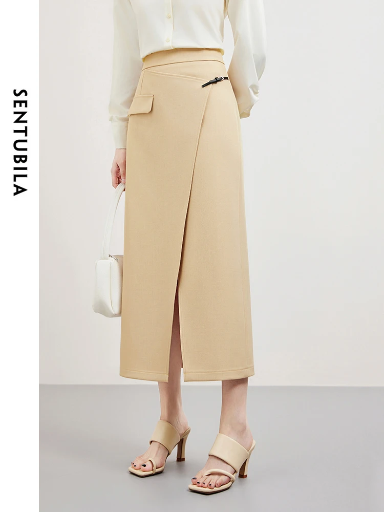 

SENTUBILA High Waist Elegant Khaki Split Midi Skirt 2024 Summer New Fashion Commuter Solid Straight Skirts for Woman 141Q53197