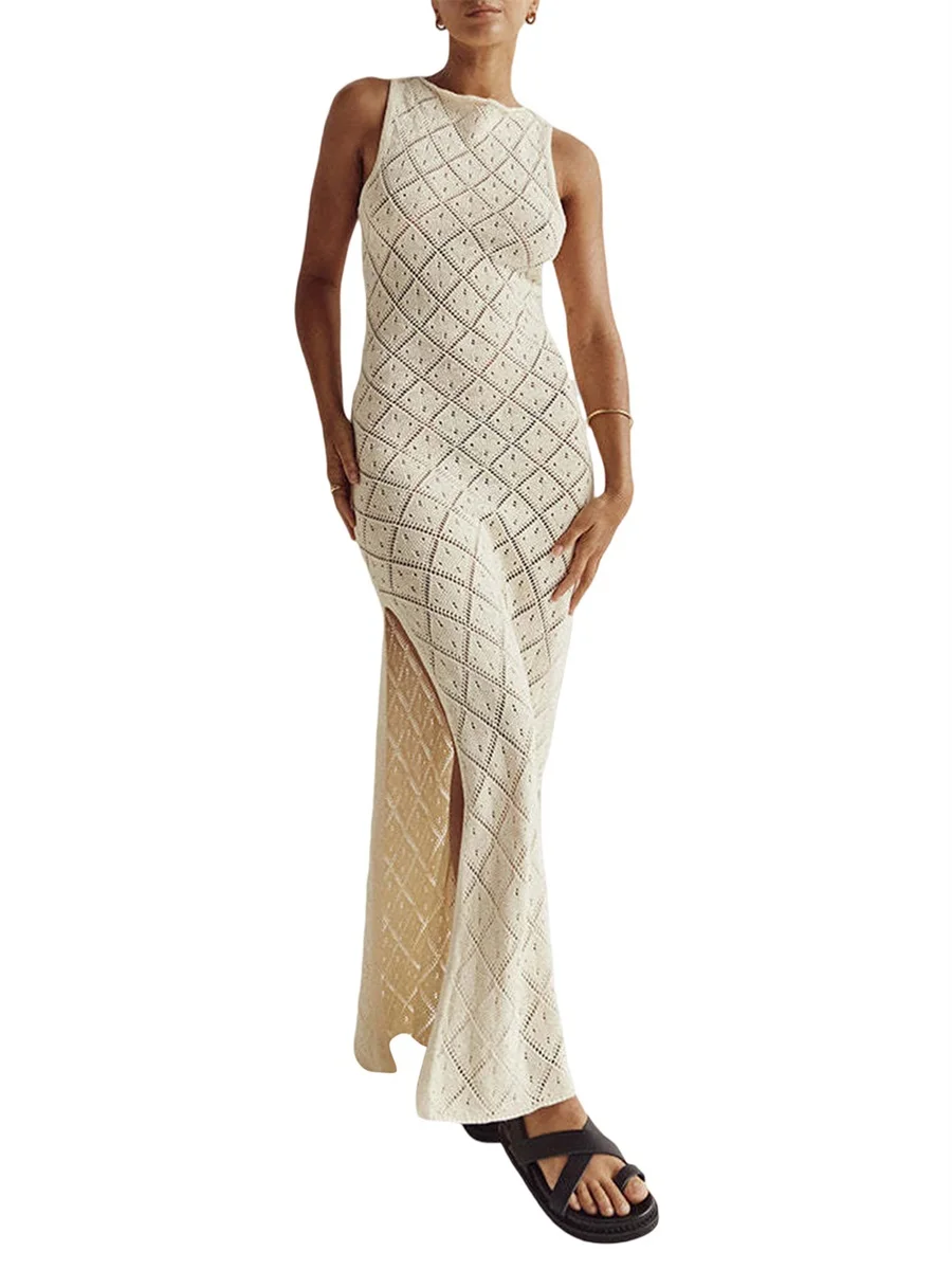 

Женское трикотажное платье миди без рукавов, с круглым вырезом