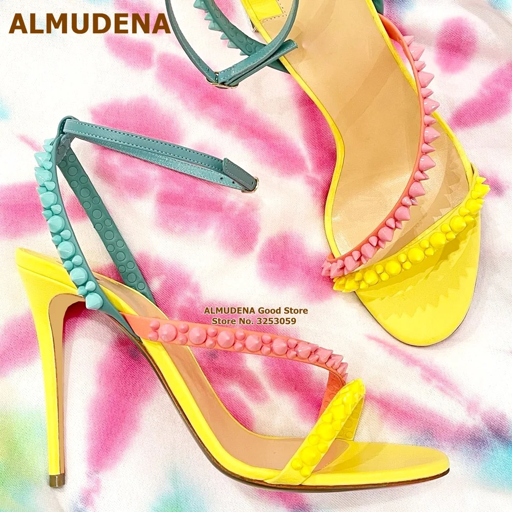 

ALMUDENA Turquoise Pink Yellow Multi Rivets Sandals Thin High Heel Color Patchwork Spikes Narrow Band Dress Shoes Buckle Pumps