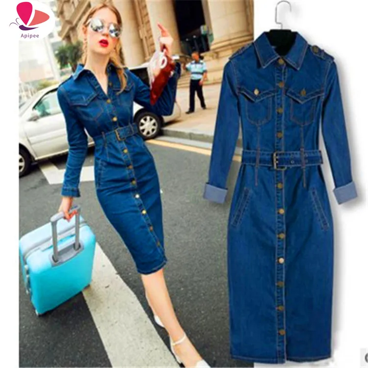 

Women Winter Office Slim Jeans Mid-cuff Dress With Belt For Women Jeans Dress Modis Turn Down Collar Button Bodycon Dresses