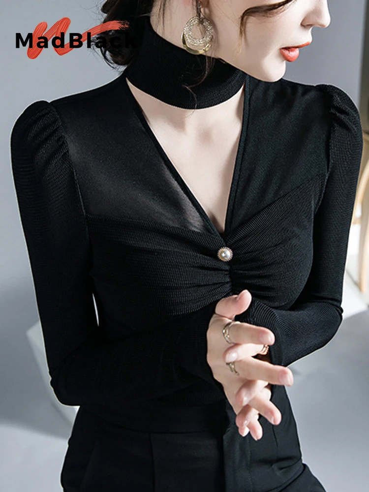 

Осенняя европейская одежда MadBlack, футболки с лямкой на шее, женские пикантные маленькие прозрачные облегающие сетчатые Топы с длинным рукавом, модель T36729JC на зиму
