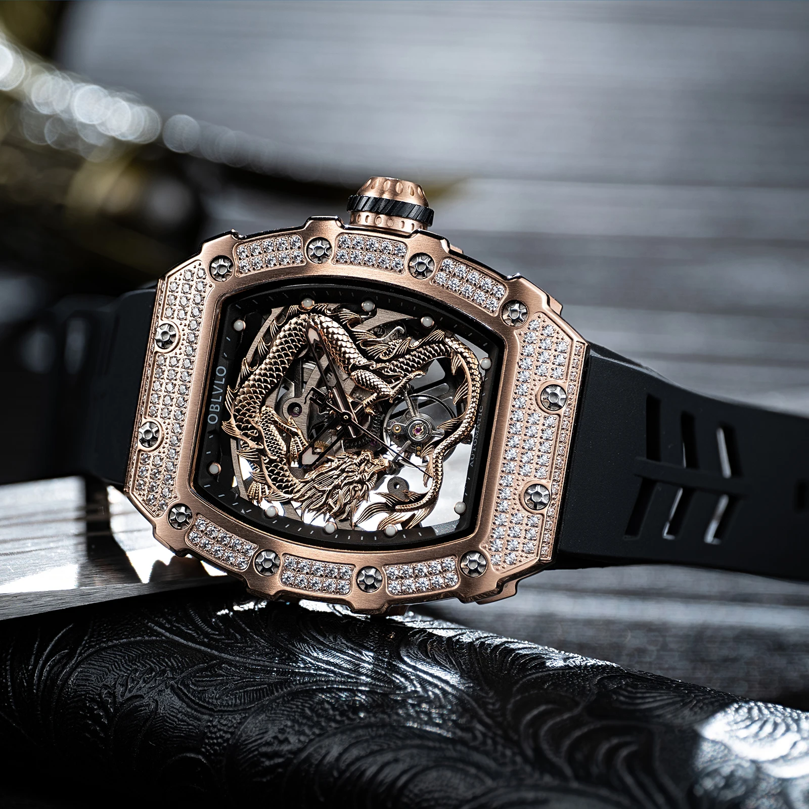 

OBLVLO Gold Dragon Rubber Watches Rose Gold Diamonds Tonneau Skeleton Automatic Mechanical Waterproof Men Watch Relojs XM-DRAGON