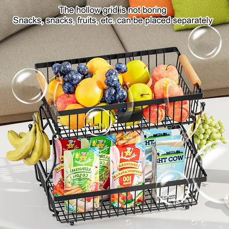 

2 Tier Fruit Storage Basket kitchen Countertop Vegetable Fruit Basket Detachable Metal Fruits Stand Holder with 2 Banana Hangers