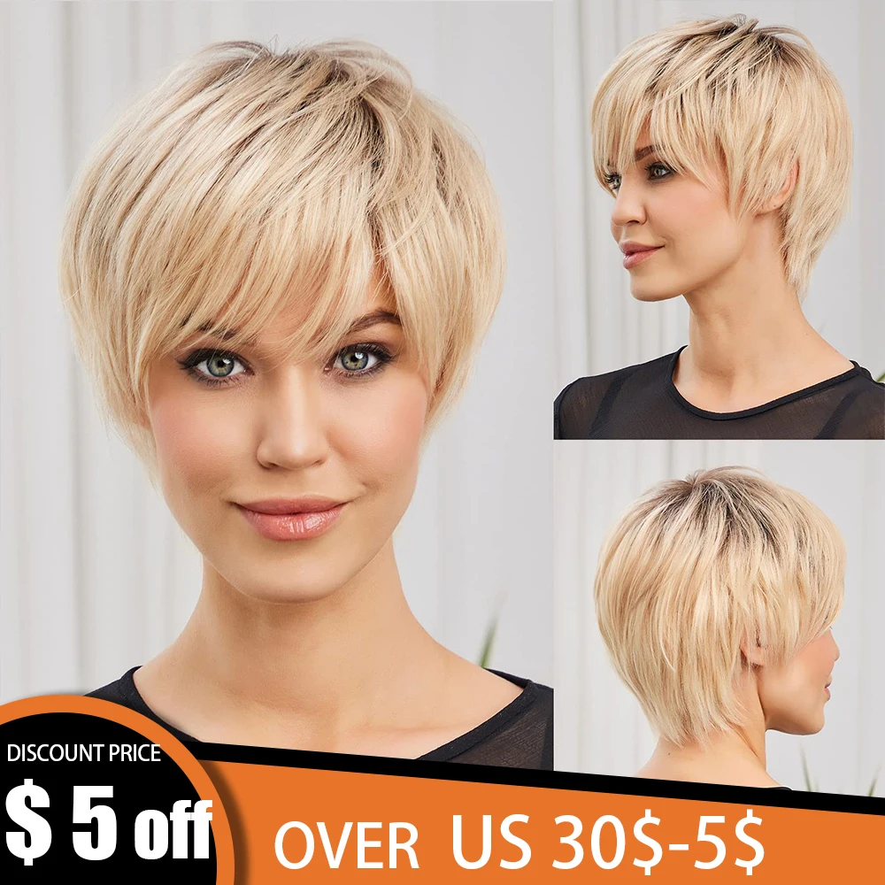 

Bob Remy Human Hair Wig Ombre Blonde Short Pixie Cut Straight Layered Wig with Bangs Natural Human Hairs Glueless Wigs for Women