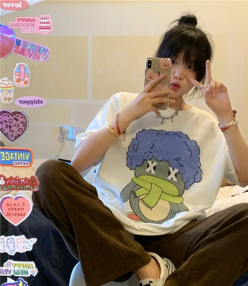 

Female Korean Harajuku Retro Lazy Cartoon Print Loose Tshirt Women's T-shirts Tops Japanese Kawaii Ulzzang Clothes For Women