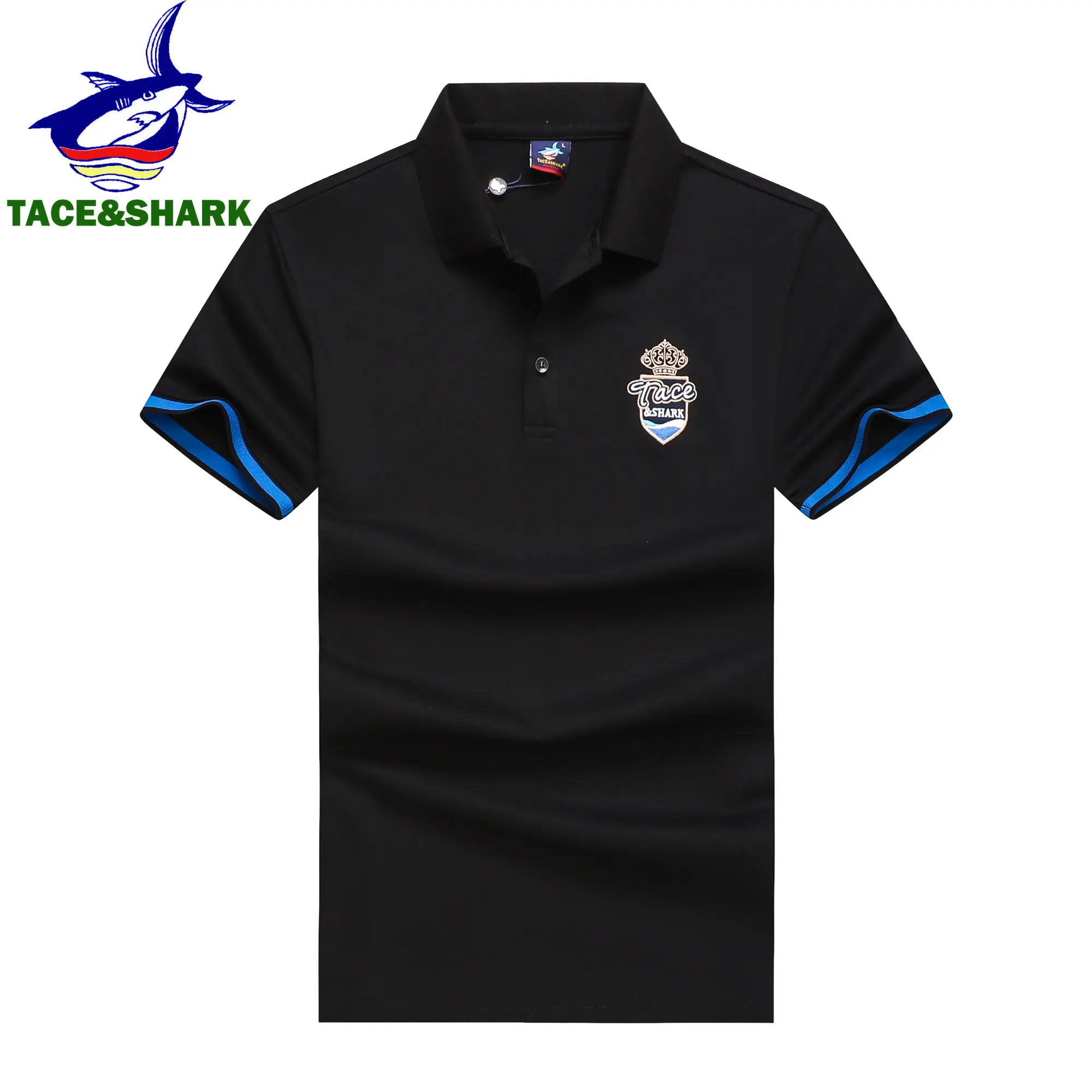 

TACE&SHARK New Arrival Brand Black Clothing Shark Embroidery Polo Shirt Men Solid Color Fashion Striped Sleeve Business Polos