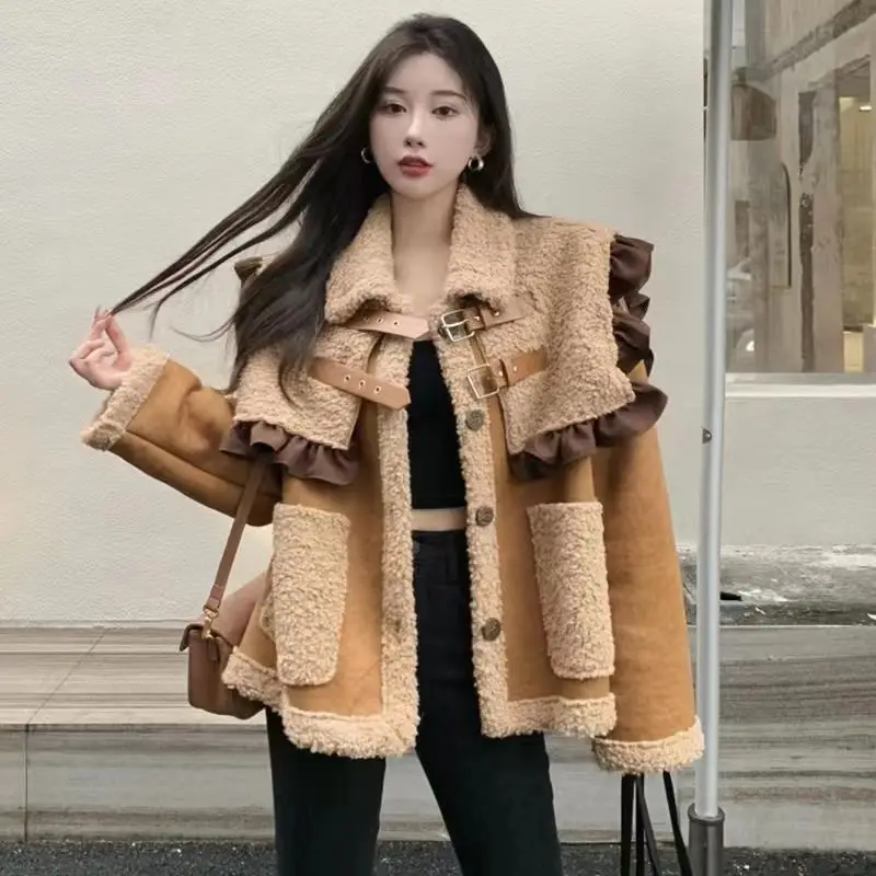 

Korea Winter Streetwear Leather Fur Integrated Jackets Women Pockets Patchwork Contrast Color Coats Lambswool Warm Thicken Coat