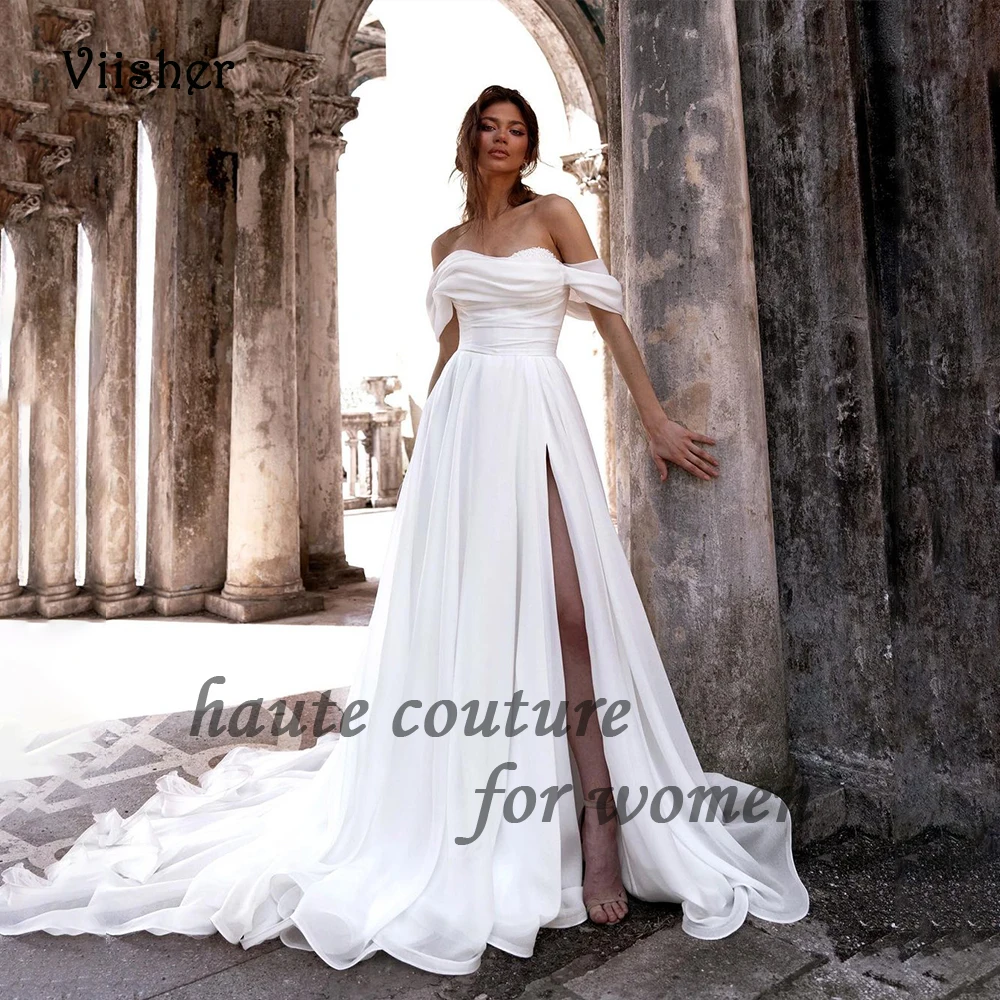 White A Line Wedding Dresses for Bride Off Shoulder Sweetheart Beach Bridal Gowns with Slit Long Simple Bride Dress
White A Line Wedding Dresses for Bride Off Shoulder Sweetheart Beach Bridal Gowns with Slit Long Simple Bride Dress