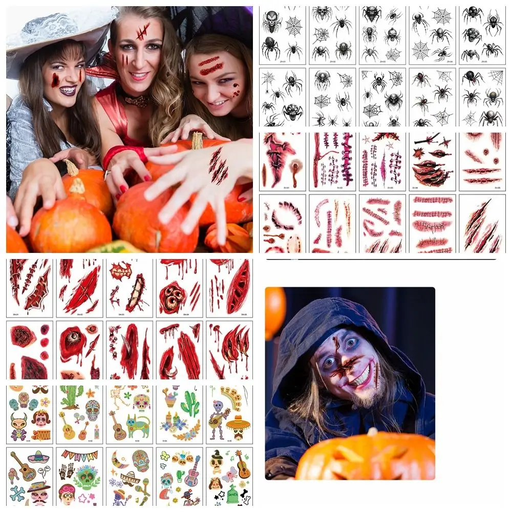 

10 Sheets/Set Face Patch Halloween Temporary Tattoos Waterproof Scar Spider Design Halloween Body Art Stickers DIY Lifelike