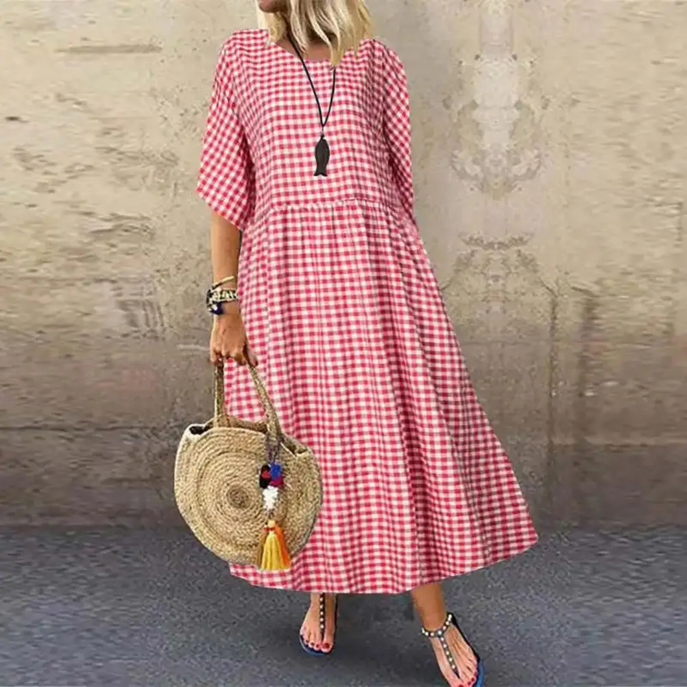 

Round Neck Dress Stylish Check Print Maxi Dress For Women A-line Silhouette Short Sleeves Pleated Design For Commuting Dating