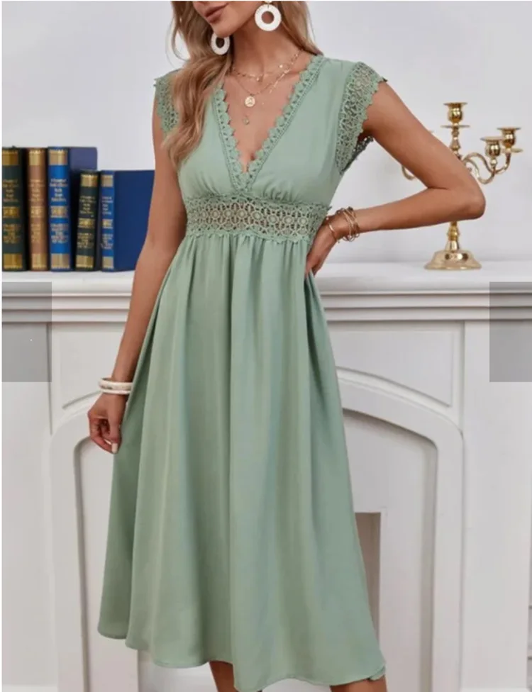 Ladies Sexy Deep V-neck Lace Hollow Out Patchwork Dress Summer Solid Color Sleeveless Bohemian Beach Dress Women Elegant Dresses
Ladies Sexy Deep V-neck Lace Hollow Out Patchwork Dress Summer Solid Color Sleeveless Bohemian Beach Dress Women Elegant Dresses