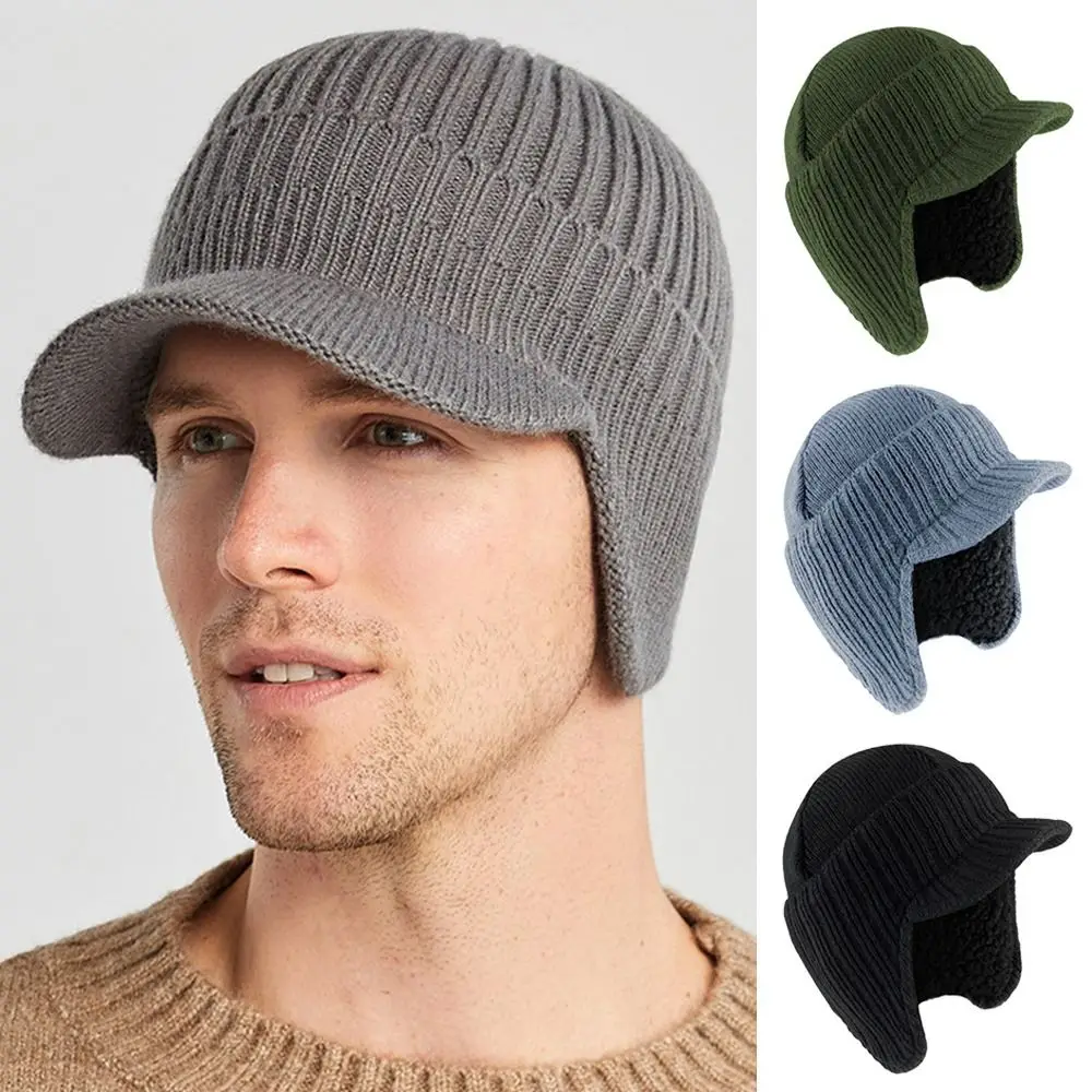 

Fleece Lined Beanie Hat Winter Ear Protection Plush Ear Flaps Cap Casual Outdoor Peaked Knit Cap Men