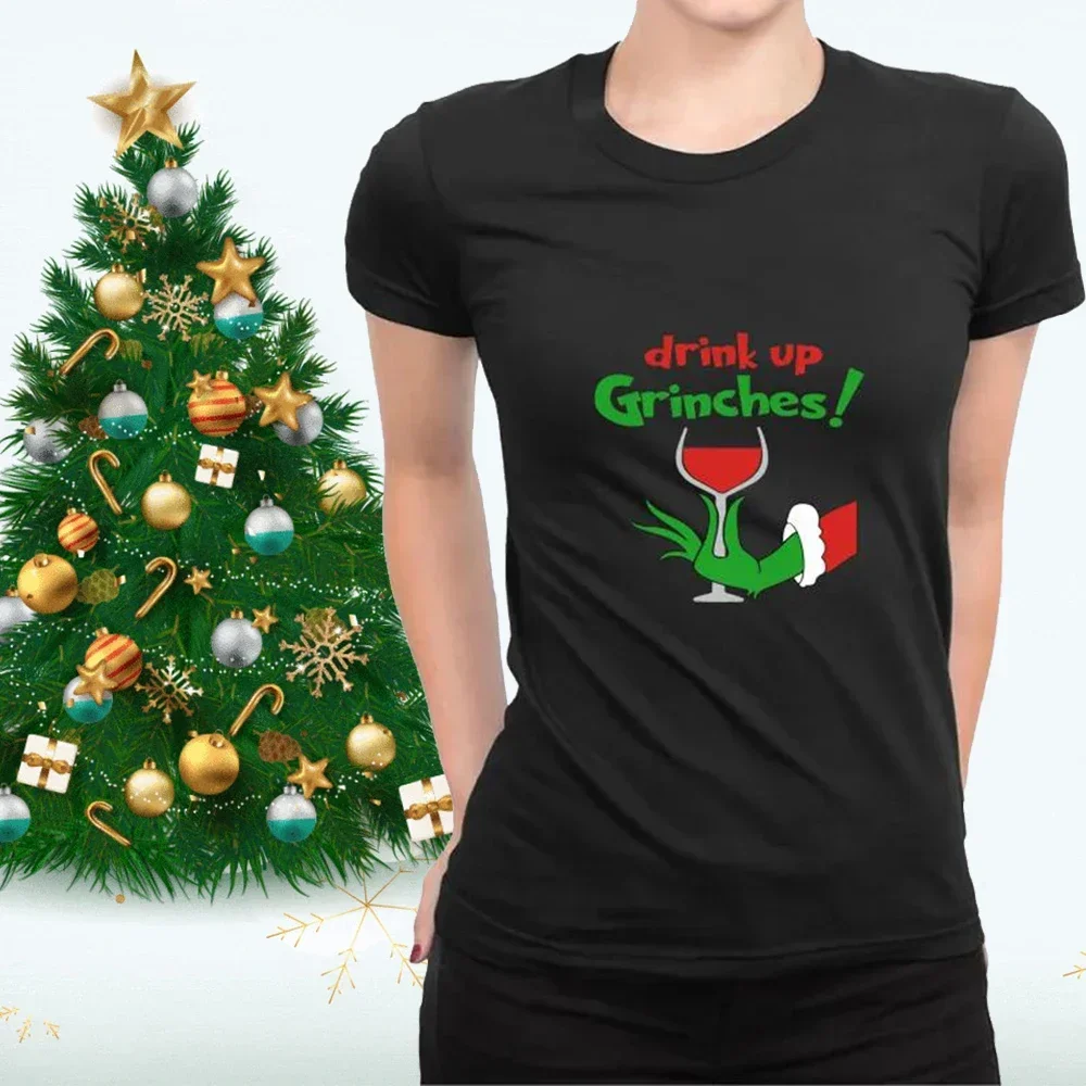 

Cotton T-shirts Happy Christmas Drink Up Cartoon Grinches Tee Palm Printed T-shirt Classic O-neck Loose Pattern Shirt Gift Tops