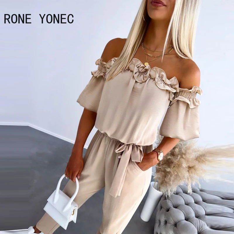 

2024 Women Off Shoulder Frill Hem Tied Detail Jumpsuit