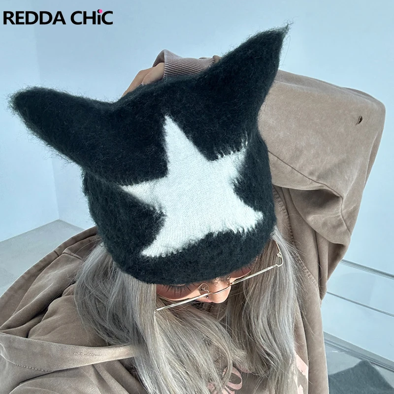 

ReddaChic Bicolor Star Pattern Women Cat Ear Beanie Wool Braided Knit Hat 90s Retro Trendy Winter Warm Grunge Y2k Accessories
