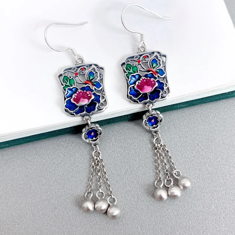 

925 Sterling Silver Enamel Colorful Square Peony Tassel Long Earrings Ethnic Vintage Handmade Flower Earrings for Women EH220