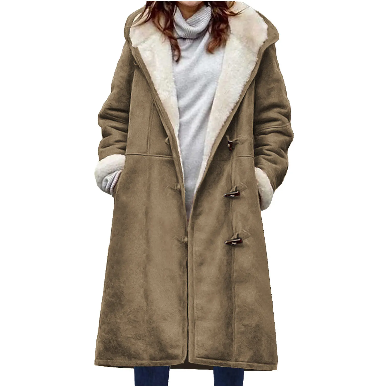 

Long Thickened Plush Coat Jackets Long Sleeve Suede Solid Color Horn Button Pocket Windbreaker for Women Casual Overcoat Trench