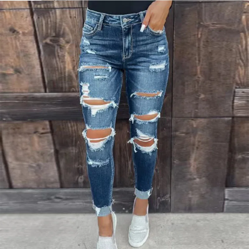 

2024 Women's Spring and Autumn New Elastic Ripped Washed Slim Fit Skinny Skinny Hip Raise Casual Jeans