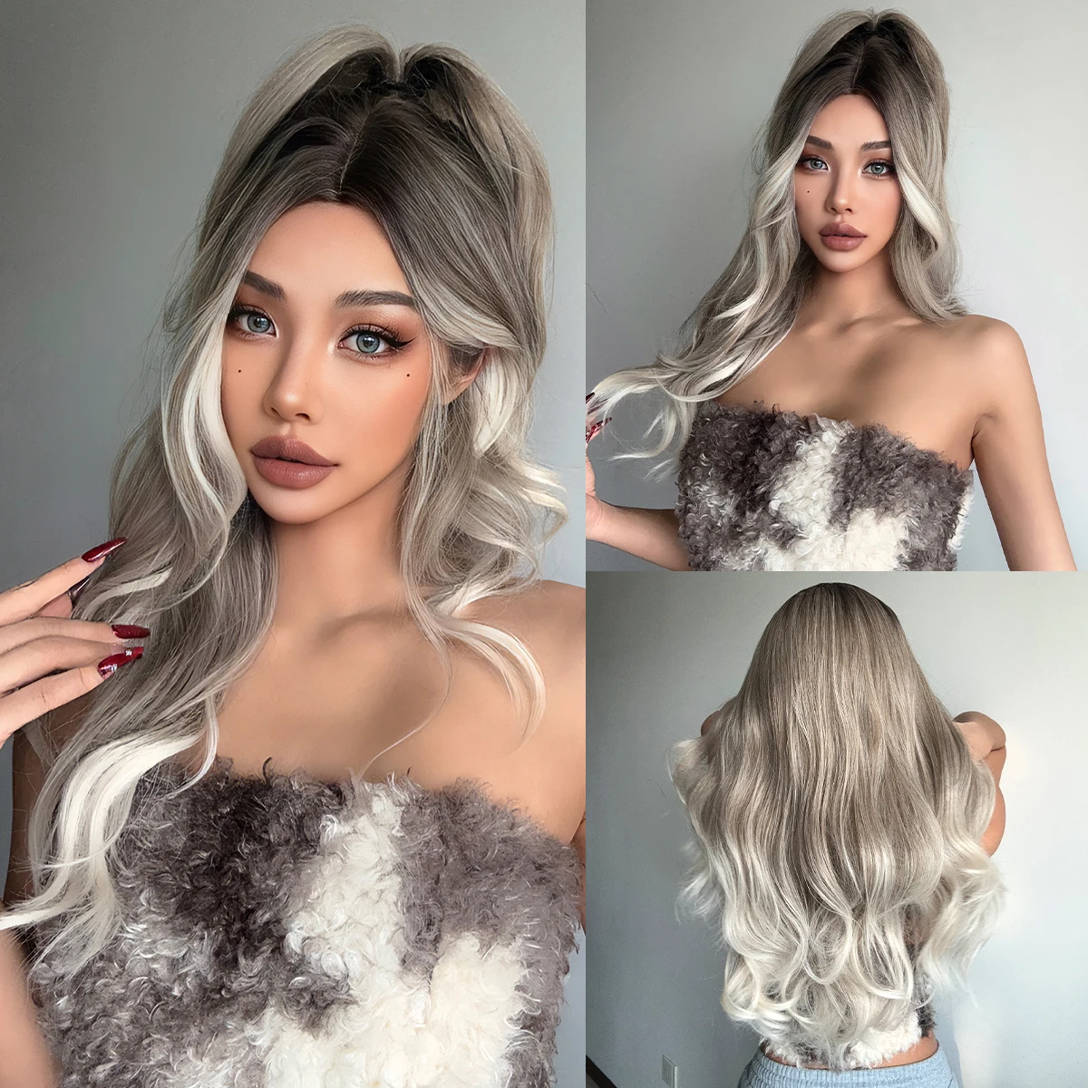 

Long Synthetic Wigs Water Wavy Brown Ombre Gray Platinum Middle Part Curly Wig for Black Women Afro Natural Heat Resistant Fibre