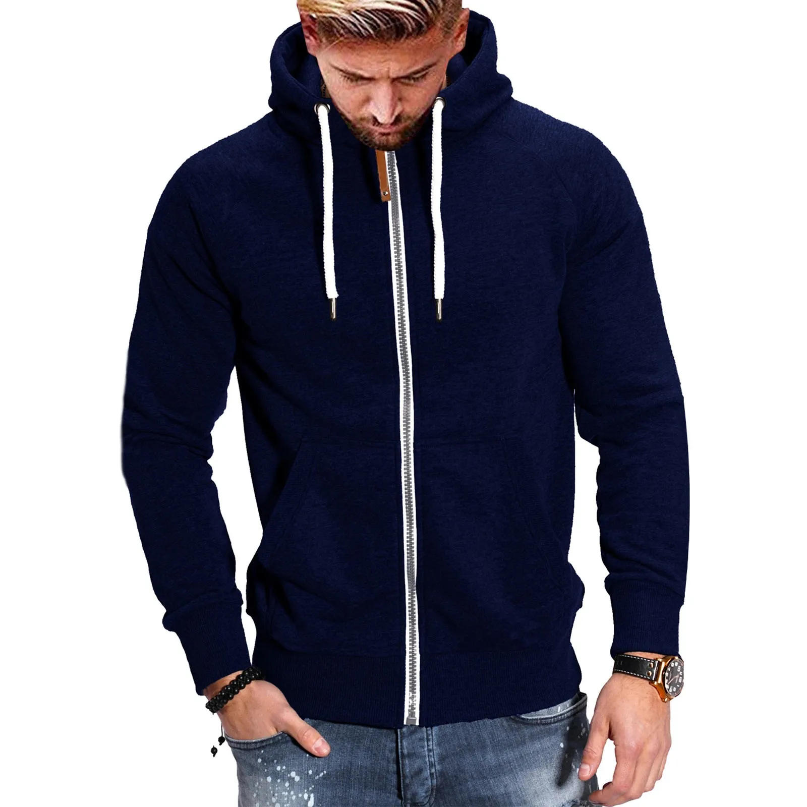 

Mens Zip Up Hoodie Autumn Winter Solid Color Hooded Cardigans Pockets Drawstring Fitness Sweatshirts Sports Jogging Tracksuits