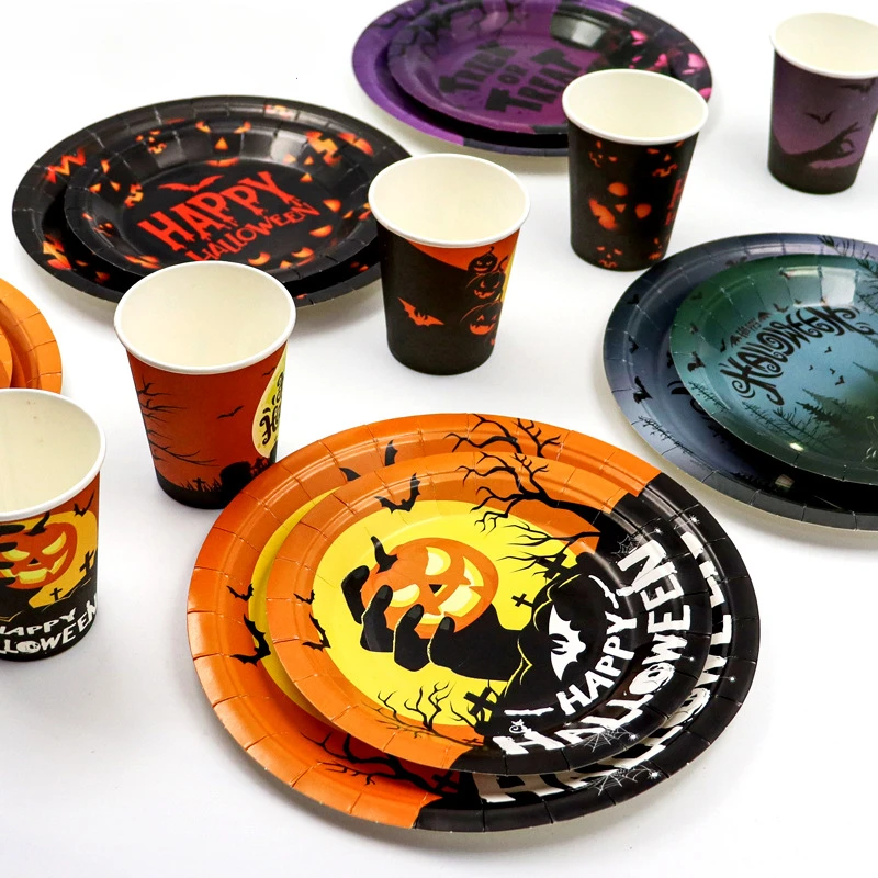 

Halloween Party Disposable Tableware Pumpkin Trick or Treat Plates Cups Napkins Decoration Happy Witch Paper Straw Popular Decor