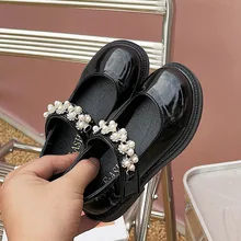 

Girls Princess shoes with Pearls Britain Style Mary Janes Casual 2022 Kids Fashion New Retro Black School Sweet Shallow Shoes PU