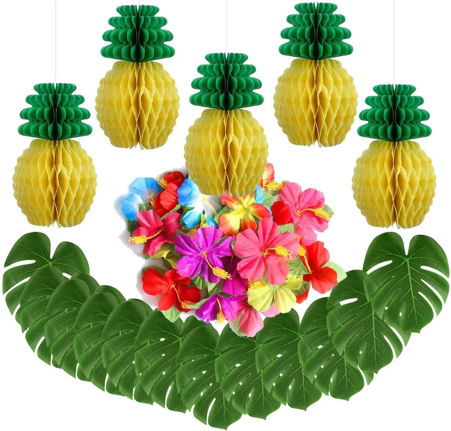 

42 Pieces Hawaiian Tropical 18 Pieces Tropical Faux Palm Leaves, 18 Pieces Hibiscus Flowers with 6 Pieces Tissue Pineapples