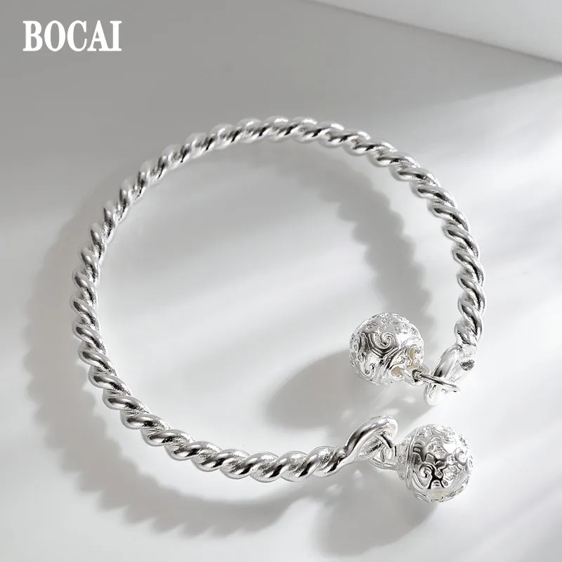 

BOCAI Real S999 Pure Silver Jewelry Twisted Wire Ringing Double Palace Bell Women Bracelet Trendy Valentine's Day Gift