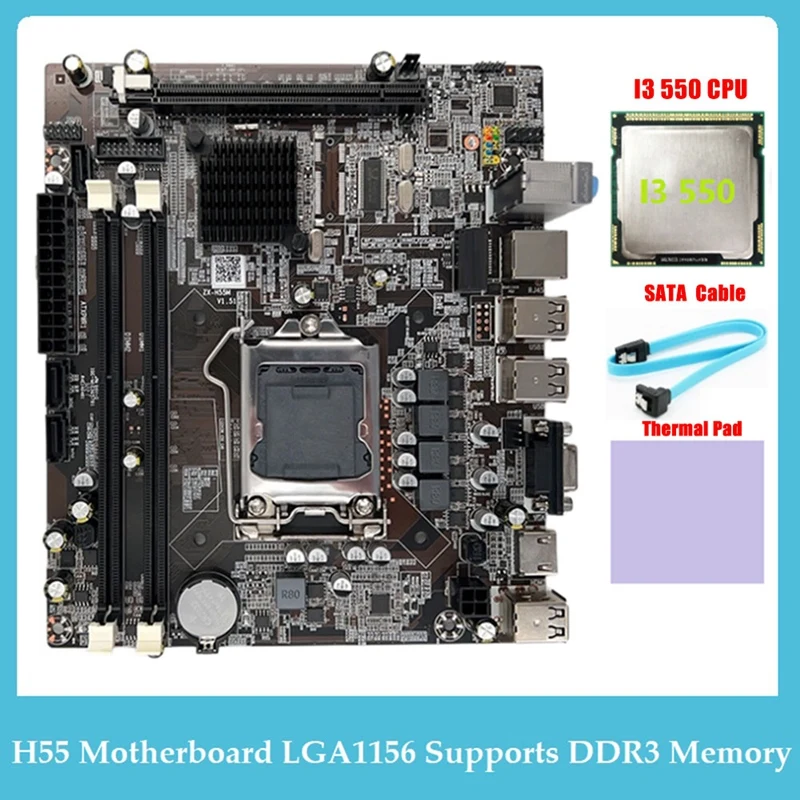 

H55 Motherboard LGA1156 Supports I3 530 I5 760 Series CPU DDR3 Memory Motherboard Accessories I3 550 CPU+SATA Cable+Thermal Pad