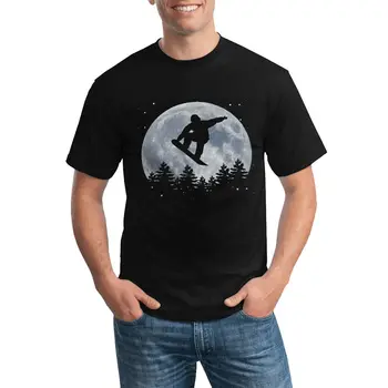 스노우 보드 달 앞에서 점프 티셔츠 스노우 보드 보름달 100 코튼 빈티지 티셔츠 Crewneck Fun Tops Men Print