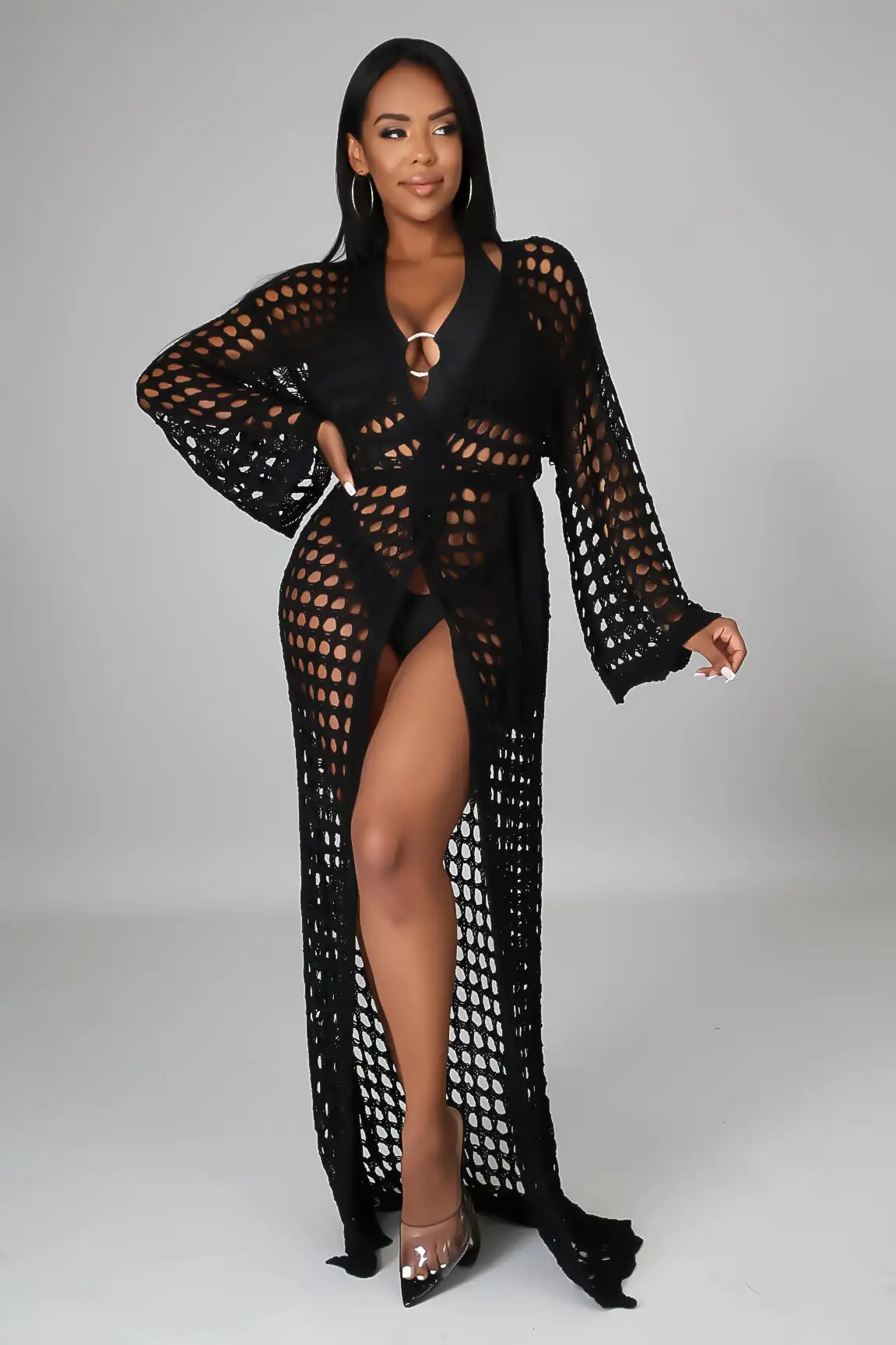 

RT Sexy Women Knitted Cover Ups Long Sleeve Open Stitch Crocheted Cloak Hollow Out Crochet Beach Swimwears