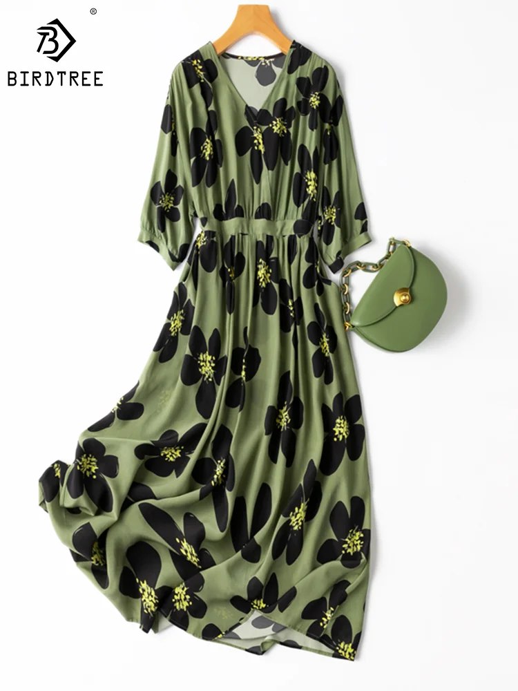 

Birdtree 100%Mulberry Silk Women V neck Crepe Dresses Lantern Sleeve Belted Waist Flower Printed Midi Dress Army Green D37439QM