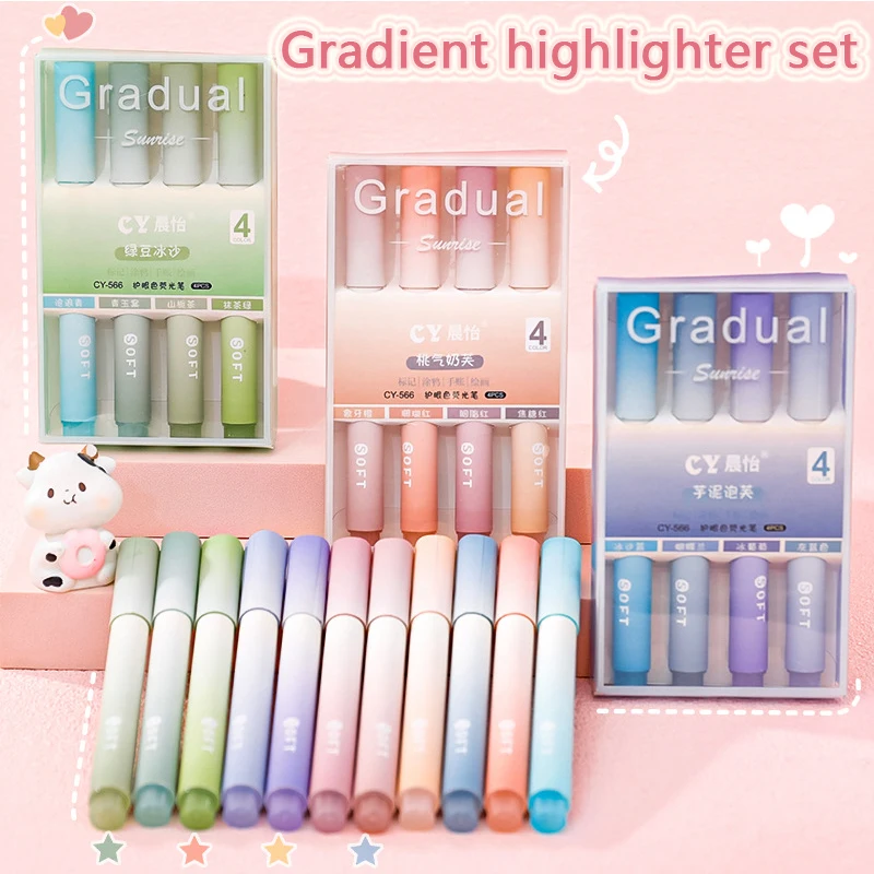 4Pcs/Set Cute Gradient Color Highlighter Pen Eye Protection Fluorescent Color Markers Student Stationery Office School Supplies
4Pcs/Set Cute Gradient Color Highlighter Pen Eye Protection Fluorescent Color Markers Student Stationery Office School Supplies