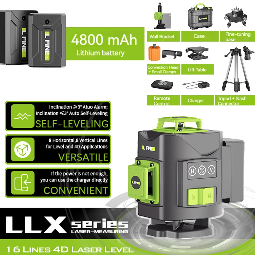 

16 Lines 4D Laser Level Self-Leveling 360° Vertical And Horizontal Cross Powerful Green Laser Remote Control With 2 Battery