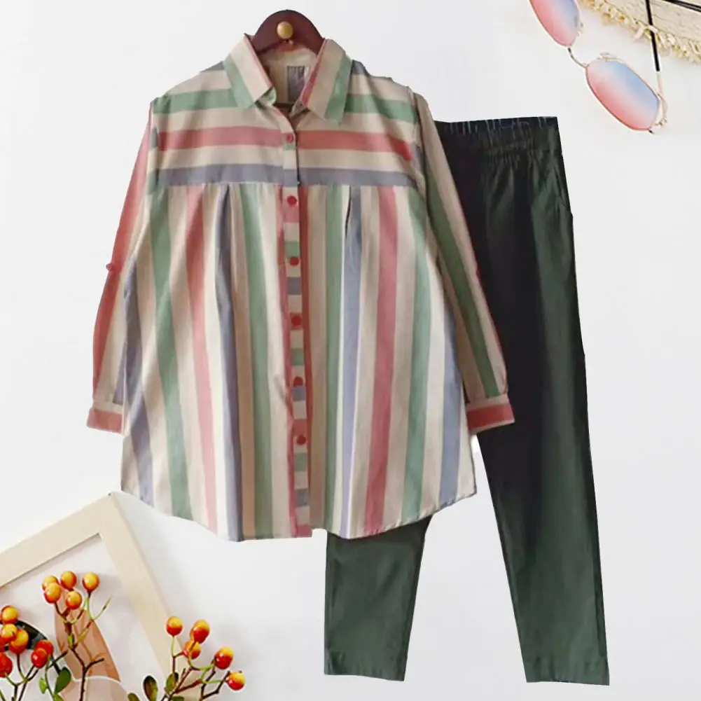 2Pcs/Set Loose Outfit Lapel Casual Outfit Striped Print Shirt Solid Color Pants Set 
2Pcs/Set Loose Outfit Lapel Casual Outfit Striped Print Shirt Solid Color Pants Set