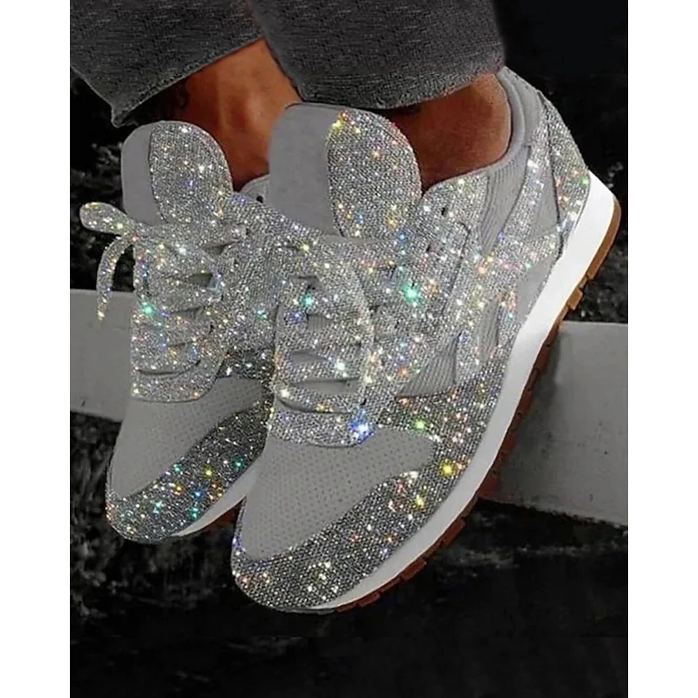 

Women Bling Contrast Sequin Breathable Mesh Lace-up Sneakers Daily Casual Round Toe Flat Sports Shoes Spring Fashion Going Out