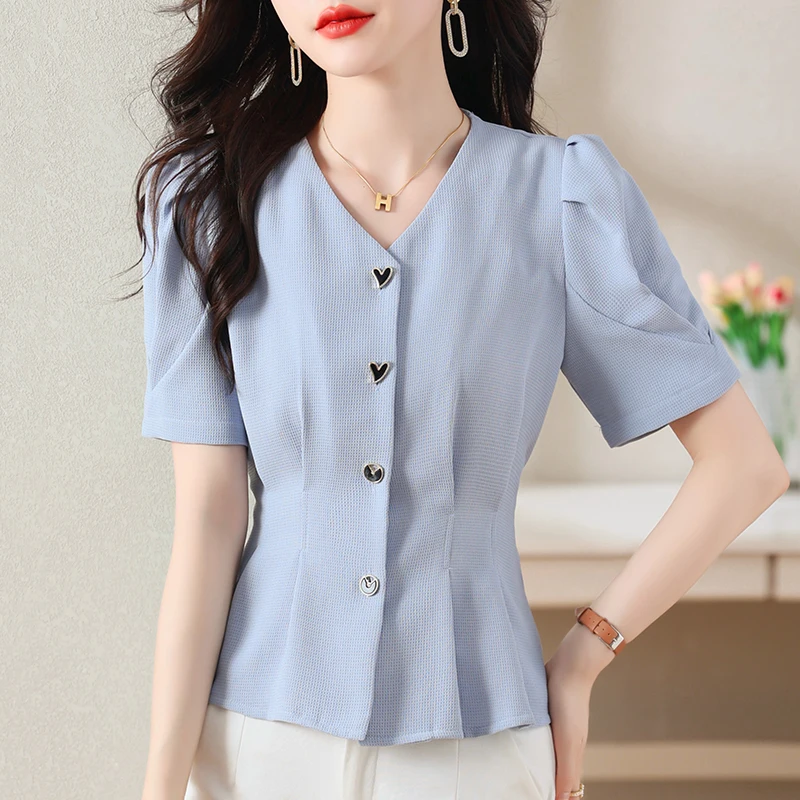 V-neck Chiffon Female Tops 2023 Summer New Single-breasted Pure Color Middle-aged Loose Short Sleeve Shirt Womenswear T606
V-neck Chiffon Female Tops 2023 Summer New Single-breasted Pure Color Middle-aged Loose Short Sleeve Shirt Womenswear T606