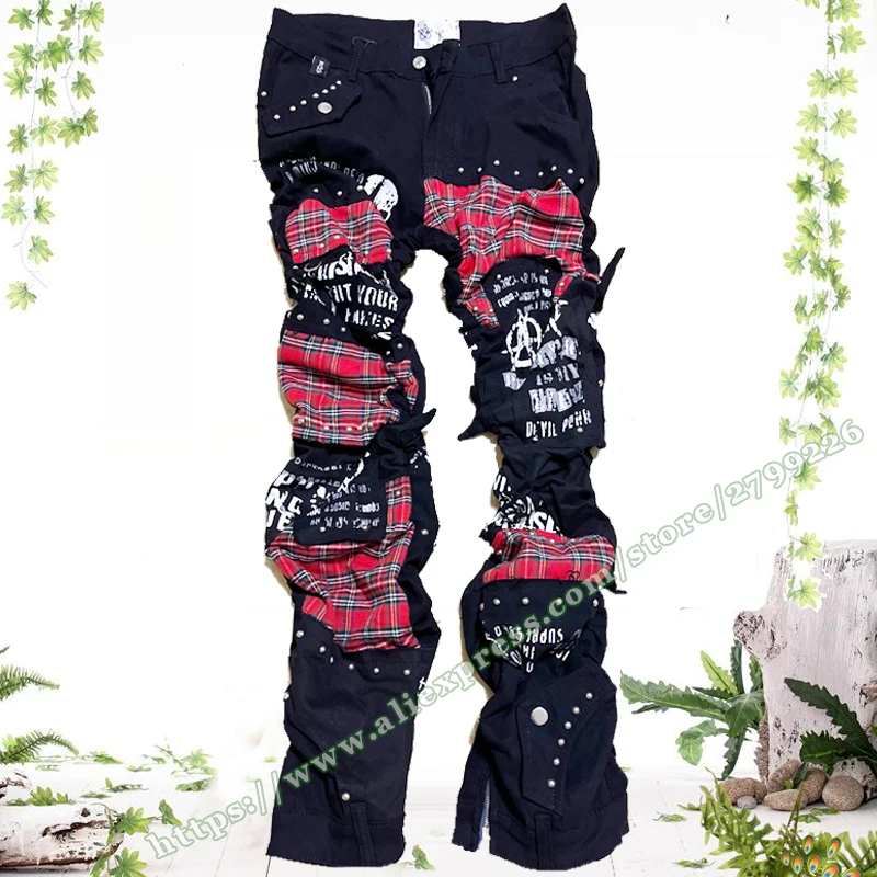 

2023 y2k Mens Rivet Jeans Punk Plaid Staggered long Pants for Men and Women , Japanese Kill Matt Rock Skull Pattern Jeans