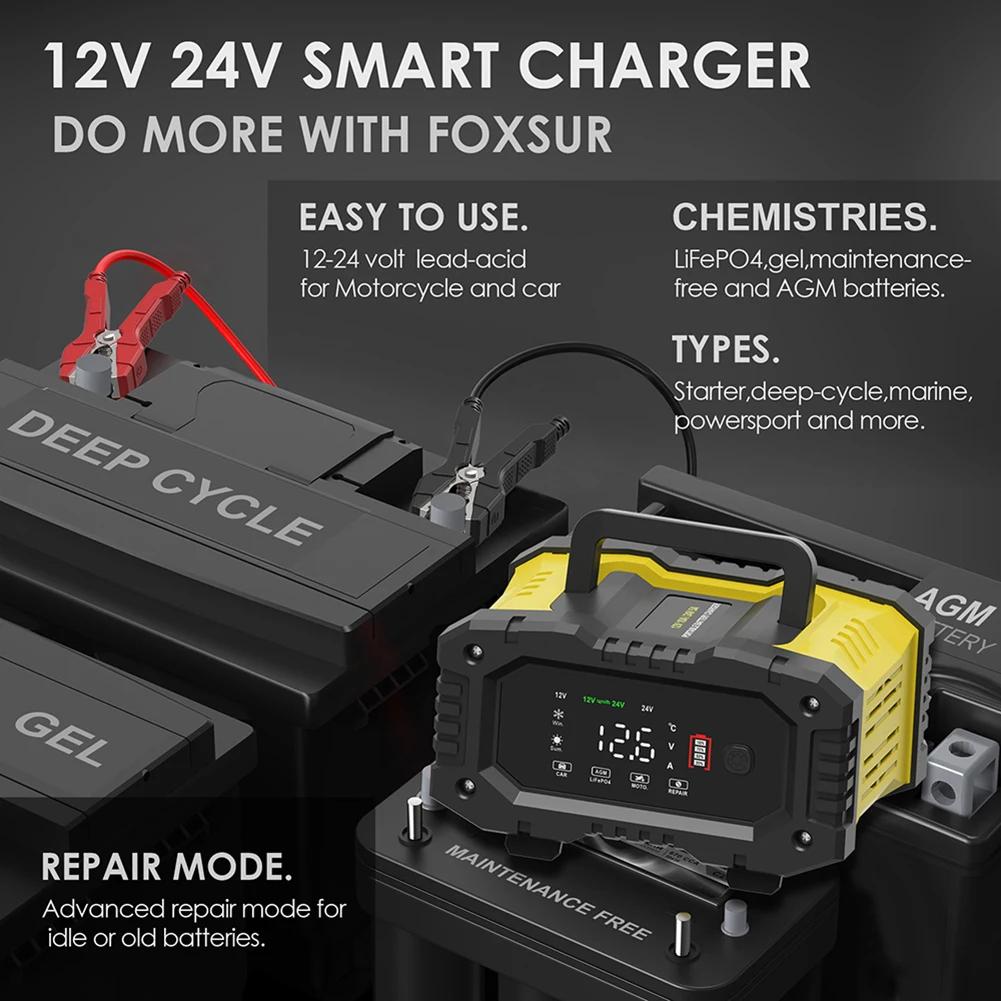 1pc 20A/10A Car Motorcycle Battery Charger 12V/24V Smart Charger Lithium AGM Gel Lead-Acid LiFePO4 Battery Charging Units
1pc 20A/10A Car Motorcycle Battery Charger 12V/24V Smart Charger Lithium AGM Gel Lead-Acid LiFePO4 Battery Charging Units