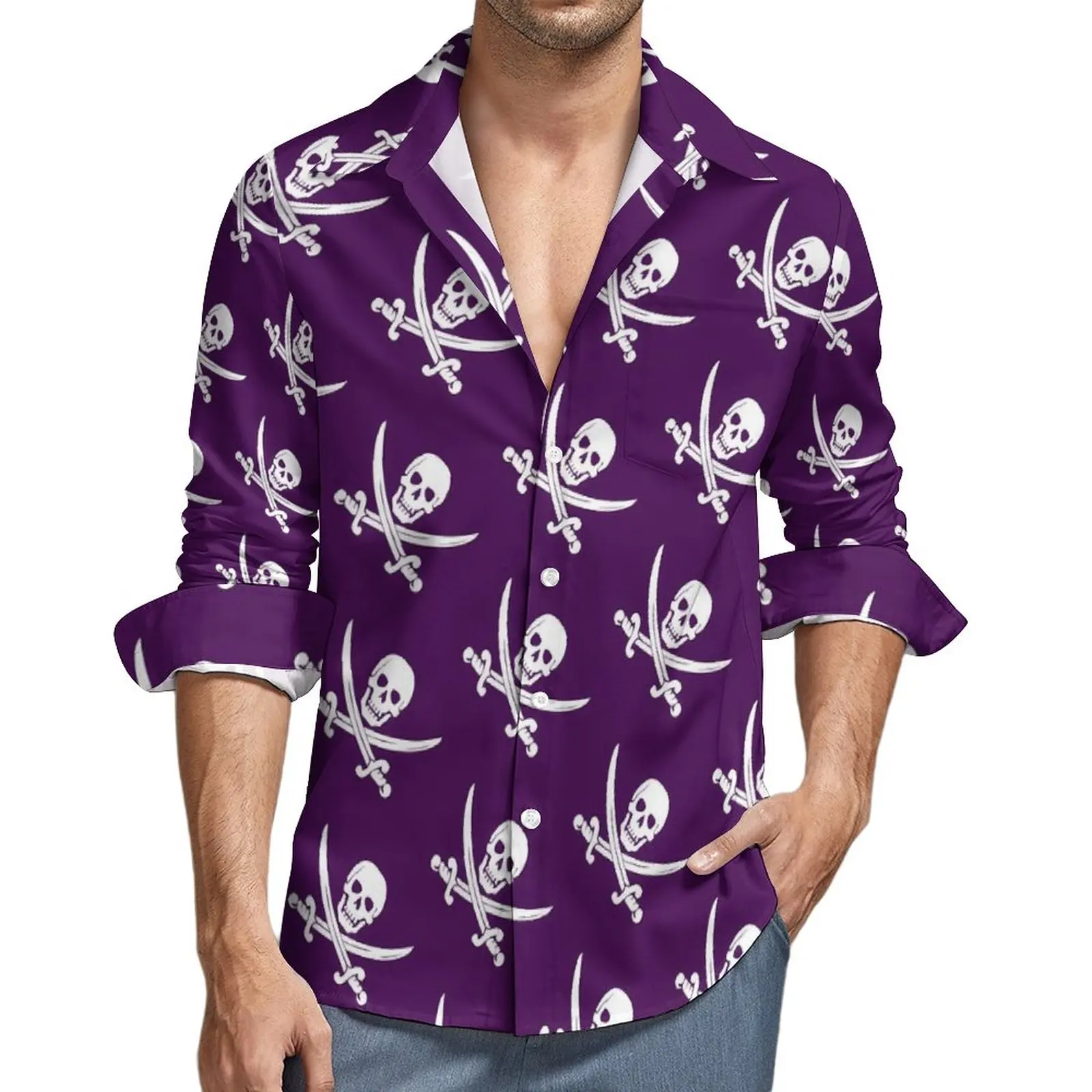 Pirate Skull Shirt Jolly Roger Purple Casual Shirts Long Sleeve Design Funny Blouses Autumn Novelty Oversized Tops
Pirate Skull Shirt Jolly Roger Purple Casual Shirts Long Sleeve Design Funny Blouses Autumn Novelty Oversized Tops