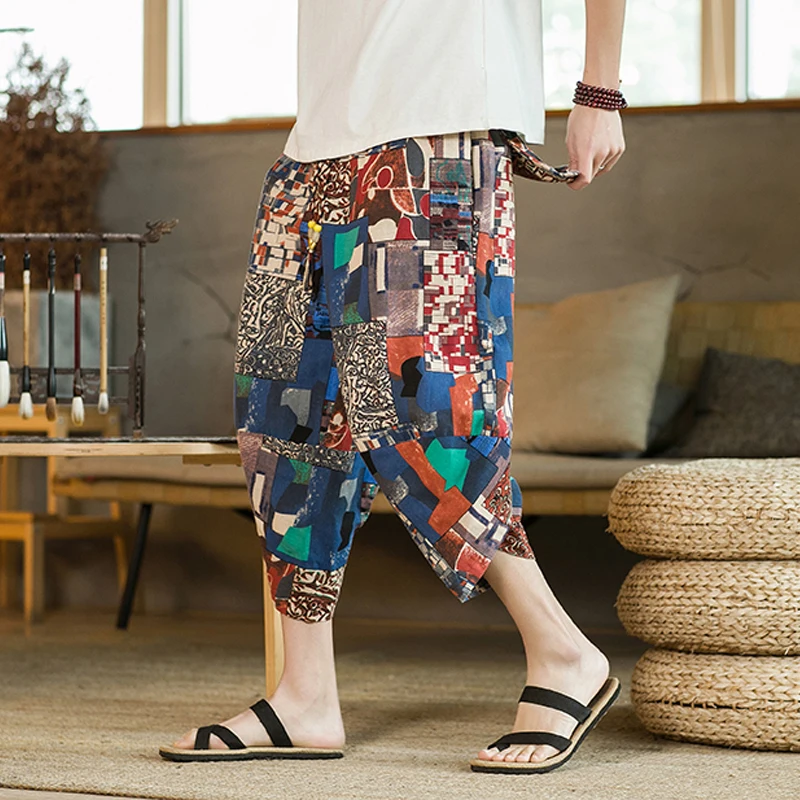 

2023 Men Traditional Style Summer Big Size Casual Calf-Length Pants Korean Style Cotton Printed Loose Male Trouser Streetwear