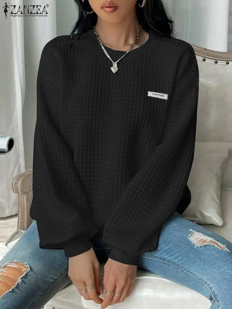 

ZANZEA Holiday Long Sleeve Tops Fashion Waffle Sweatshirt Women Solid Color Pullovers 2024 Spring Casual Loose Labeling Sweater